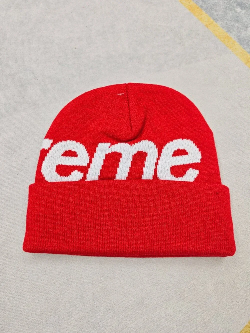 Supreme Red and White Knit Beanie with Large Logo